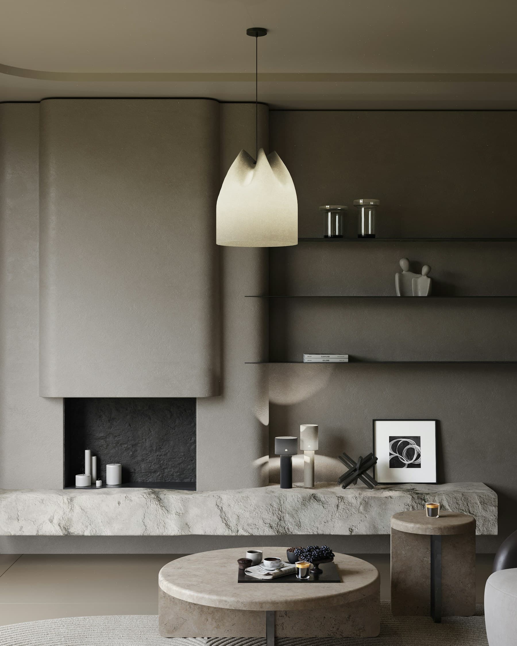 Contemporary interior in stone tones, bathed in light